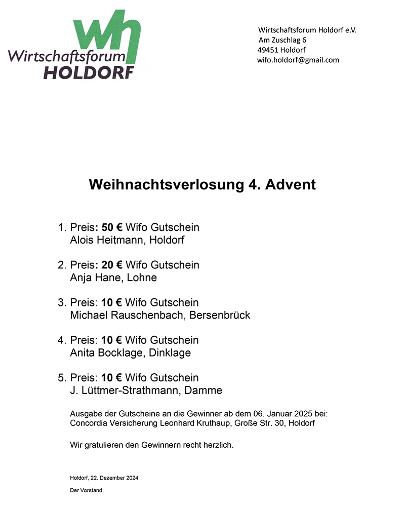 24 Wirtschaftsforum Weihnachtsverlosung 3. Advent